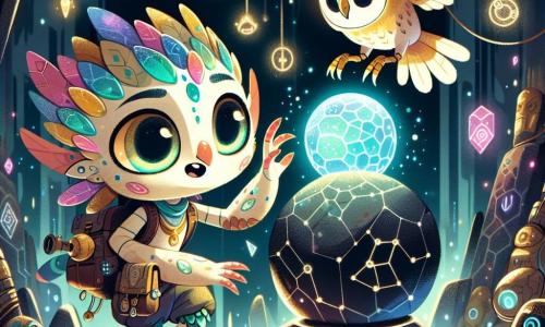 Zinnia, a small creature with shimmering star-like scales and delicate hummingbird wings, stands before the Techno-Magic Orb, her face illuminated with wonder and determination. She carries a small backpack filled with tools, and her eyes shine with excitement as she reaches out to the floating Orb. Beside her, Twiddle, a robotic owl with golden wings and bright eyes, observes curiously, his expression a mix of wisdom and pride. He perches on a floating stone, ready to guide Zinnia on her quest. The setting is the Orb Chamber, a magical space filled with twinkling lights and floating runes, with crystal walls reflecting the vibrant colors of the Orb at the center, creating a fairy-tale and mysterious atmosphere. The main scene shows Zinnia, full of courage, about to touch the Orb, surrounded by glowing puzzles that float around her, symbolizing the challenges she must overcome to access her power.