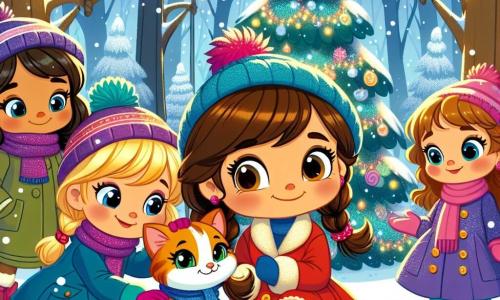 Em uma floresta mágica coberta de neve cintilante, quatro meninas de 8 anos estão juntas, cercadas por árvores majestosas decoradas com flocos de neve. Ana, uma menina morena com grandes olhos brilhantes, usa um casaco vermelho vivo e um gorro combinando, agachada acaricia um gato laranja, Bolinha. Beatriz, com cabelos loiros e tranças, está ao lado de Ana, sorrindo entusiasticamente e apontando para o topo de um grande pinheiro decorado com luzes. Clara, com cabelos castanhos e um casaco roxo, observa a cena com um sorriso admirado. Daniela, com cabelos negros, está em sua cadeira de rodas, vestindo um casaco verde e segurando um sininho dourado, pronta para fazer um pedido. A cena acontece em uma clareira encantada, onde a neve brilha como diamantes sob o sol, e uma luz dourada emana do pinheiro, criando uma atmosfera festiva. As meninas, ao redor de Bolinha, acabaram de encontrar o gato perdido e estão prontas para fazer um pedido ao Papai Noel, que apareceu em um brilho de luz, trazendo magia à sua aventura de Natal.