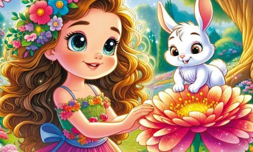 Uma menina de 8 anos, Lúcia, está no centro de um jardim secreto, com os olhos brilhando de curiosidade e alegria. Ela tem cabelos longos e cacheados, de um castanho dourado, e usa um vestido colorido adornado com flores. Lúcia toca delicadamente uma grande flor com pétalas vibrantes, parecendo maravilhada com sua beleza. Ao lado dela, um travesso coelhinho branco chamado Pipo, com grandes orelhas e um sorriso travesso, observa Lúcia com olhos brilhantes. Ele está sentado em uma pedra, pronto para dar conselhos, enquanto uma leve brisa faz seus pelos dançarem. O jardim é um lugar encantador, cheio de flores multicoloridas que dançam ao vento, com uma grande árvore majestosa no centro, cujas folhas brilham como estrelas ao sol. Borboletas voam ao redor, adicionando um toque de magia à atmosfera. Nesta cena, Lúcia descobre a magia do jardim enquanto faz perguntas a Pipo, criando um momento de encantamento e descoberta.