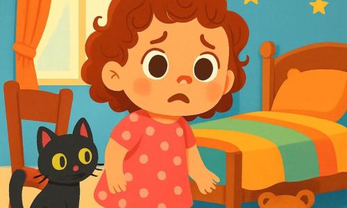 O fetiță de 2 ani, Daria, cu ochi mari și strălucitori și păr creț, își caută ursulețul de pluș cu o expresie de îngrijorare pe față. Este îmbrăcată cu o rochie frumoasă roz cu buline și poartă șosete dungi. Lângă ea, pisica ei neagră cu ochi verzi, curioasă și jucăușă, observă scena frecându-se de un scaun. Camera este caldă, cu pereți vopsiți în albastru cer, stele aurii lipite pe tavan și un pat confortabil acoperit cu pături colorate. Jucăriile sunt împrăștiate pe podea, iar o lumină blândă pătrunde prin perdele. Daria, cu un aer determinat, caută sub pat și în spatele pernelor, chemându-și ursulețul de pluș, pregătită să trăiască o aventură amuzantă înainte de a adormi.