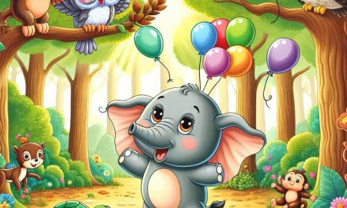 Um elefante alegre chamado Bubu, com pele cinza e grandes orelhas, está no centro da cena, com os olhos brilhando de excitação, pulando com balões coloridos amarrados às patas. À sua direita, uma coruja sábia chamada Nini, com penas marrons e grandes olhos redondos, voa acima deles, rindo e incentivando Bubu. À esquerda, um pequeno macaco travesso chamado Pepe, com pelagem marrom e um sorriso travesso, está subindo em um galho, pronto para pular. Mais adiante, uma tartaruga calma chamada Lili, com uma carapaça verde e olhos suaves, avança lentamente no chão, observando a cena com um sorriso benevolente. A cena se passa em uma floresta encantada, repleta de árvores majestosas com folhas verdejantes, flores coloridas e raios de sol filtrando pelas ramas. No chão, folhas douradas criam um tapete suave e acolhedor. Bubu e seus amigos estão prontos para participar de uma corrida de balões, todos rindo e se incentivando, prontos para voar pelos ares em uma aventura cheia de alegria e camaradagem.