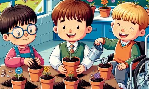 In a bright classroom, three boys are planting flowers. Max, a 7-year-old with brown hair and glasses, smiles while holding a pot of soil. Next to him, Leo, another 7-year-old with blonde hair and freckles, jumps for joy holding a packet of daisy seeds. Sam, an 8-year-old in a wheelchair with brown hair and a big smile, proudly shows a pack of marigold seeds. The classroom is decorated with colorful drawings of flowers and butterflies, with large windows letting in sunlight. On a table, there are terracotta pots, black soil, and colorful watering cans. The boys are focused on their task, filling pots with soil, planting seeds, and gently watering their flowers, eager to see their plants grow in the spring sun.