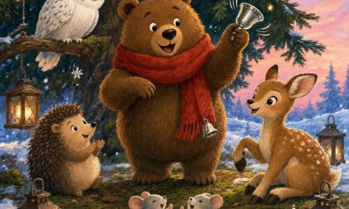 Ein rundes, flauschiges braunes Bärchen mit lächelndem Gesicht und glänzenden Augen trägt ein großes rotes Halstuch mit einer kleinen silbernen Schelle, die es sanft mit der Pfote läutet; auf einem niedrigen Ast sitzt die weiße Schneeeule Lumi aufmerksam, rechts des Bären sitzt das beige gefleckte Rehkitz Lila, links der kleine Igel Pieks, zwei winzige graue Schneemaus‑Figuren hoppeln vorn; alle stehen in einer verschneiten Lichtung unter einem geschmückten Tannenbaum mit warmen Lichterketten und schimmernden Flocken, gemütliche, friedliche Festtagsstimmung, gemalt mit dicken Gouache‑Texturen.
