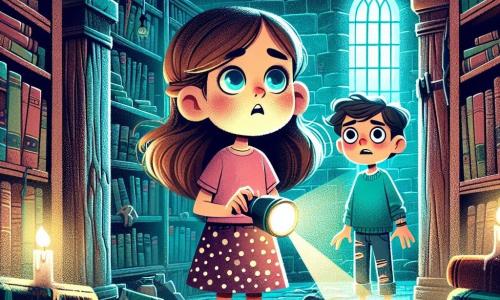 Una niña de 8 años, Lucía, con largos cabellos castaños y ojos llenos de curiosidad, se encuentra en el centro de la escena, sosteniendo una pequeña linterna que ilumina su rostro preocupado. Lleva una camiseta rosa y una falda de lunares, y su expresión muestra tanto miedo como determinación. A su lado, un niño de 8 años, Miguel, con el cabello corto y despeinado, mira a su alrededor con ojos redondos, visiblemente asustado. Lleva un suéter azul y jeans rasgados, manteniéndose un poco atrás, como si dudara en avanzar. La escena se desarrolla en una vieja biblioteca oscura, con paredes de madera desgastada, llena de estanterías cargadas de libros polvorientos. Telarañas cuelgan en las esquinas, y una luz tenue se filtra a través de las ventanas agrietadas, creando una atmósfera misteriosa. Lucía y Miguel están frente a una gran puerta de madera, entreabierta, dejando escapar una sombra inquietante que parece llamarlos. Sus corazones laten con fuerza mientras se preparan para entrar en lo desconocido, listos para enfrentar la leyenda de la biblioteca.