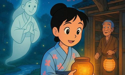 Hana, mujer de rostro dulce y sonriente, ojos grandes y cabello negro en moño, viste un kimono azul pálido con motivos de cerezos y sostiene una pequeña jarra cerámica que emite una luz dorada; detrás flota un espíritu del bosque translúcido en kimono blanco con mirada benevolente; un anciano del pueblo de unos 70 años, canoso y arrugado, sostiene una linterna de papel en el umbral del taller, admirando la escena; claro nocturno bajo un gran cerezo en flor, musgo verde, luciérnagas, un arroyo que refleja la luna y un taller de madera con puertas correderas abiertas y estanterías de cerámica; Hana descubre el taller perdido y levanta la jarra luminosa, atmósfera mágica con colores cálidos alrededor de la jarra y tonos azul-rosados en el cielo y las flores, composición centrada y de líneas claras.