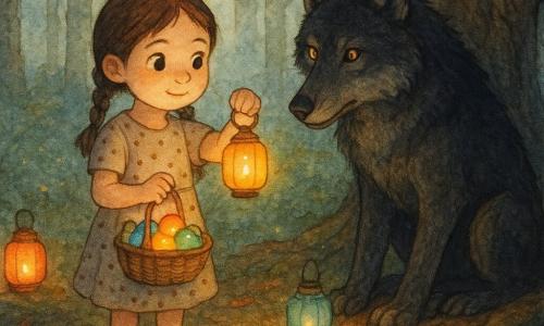 A 6-year-old girl with a round face and brown hair in two braids, big curious eyes and a brave, slight smile, holding a small wicker basket of colorful lanterns that glow softly; seated or standing, counting a lantern between her fingers, wearing a simple polka-dot dress and leather shoes, with a confident yet delicate posture; a large dark wolf with black-and-gray fur and bright amber eyes crouched behind an old oak to the girl's right, watching with curiosity rather than menace, at a respectful distance with massive paws visible and a slightly hunched silhouette in the root shadows; a clearing in a dense forest with russet leaves, gnarled trunks, green moss and small wildflowers, sun rays filtering in backlight; several colorful lanterns float or rest on stones and roots, each emitting a warm aura with tiny sparks; the scene shows the girl counting lanterns while the wolf observes, gentle tension turned curiosity, warm tones for the lanterns and cool tones for the wolf and forest; textured watercolor style with visible granulation, soft edges, light shadows and sparkling highlights around the lanterns.