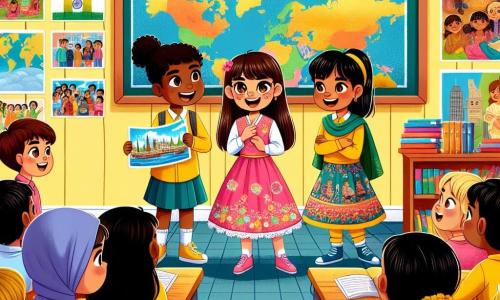 Em uma sala de aula colorida, três meninas de nove anos estão no centro. Sofia, com cabelos castanhos e olhos brilhantes, usa um vestido rosa e sorri entusiasmada ao mostrar uma foto do Japão. À sua direita, Sara, com cabelos negros e olhos castanhos, veste uma camiseta amarela e ouve atentamente, pronta para compartilhar histórias sobre a Índia. À esquerda, Camila, com cabelos castanhos e olhos verdes, usa uma saia colorida e segura uma bandeira brasileira, ansiosa para falar sobre a cultura de seu país. A sala está decorada com pôsteres de diferentes culturas e mapas do mundo nas paredes. Alunos sentados em carteiras de madeira escutam atentamente, alguns anotando, outros levantando a mão para fazer perguntas. A cena principal mostra as três meninas compartilhando suas descobertas sobre diversidade cultural e a importância do respeito mútuo, abordando também os desafios do racismo. Seus rostos expressam paixão e determinação, enquanto um quadro negro ao fundo exibe palavras como "respeito", "amizade" e "diversidade".