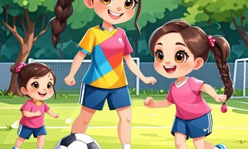 Lotte, een atletische jonge vrouw met bruin haar in een paardenstaart, draagt een kleurrijk voetbalshirt en een short, met een grote glimlach van vreugde en vastberadenheid terwijl ze de kinderen laat zien hoe ze moeten dribbelen. Sara, een 8-jarig meisje met vlechten en een roze t-shirt, oefent met dribbelen, haar ogen stralend van opwinding terwijl ze probeert de aanwijzingen van Lotte op te volgen. Een 9-jarige jongen, Lucas, met een blauwe pet en een zwarte short, rent achter de bal aan, lachend en plezier makend met zijn vrienden. De locatie is een uitgestrekt groen voetbalveld, omringd door grote bomen en een houten tribune waar andere kinderen met bewondering kijken. De lucht is blauw met enkele witte wolken, en de zon schijnt, wat een vrolijke en dynamische sfeer creëert. De belangrijkste situatie toont Lotte die voetbaltraining geeft aan de kinderen, hen aanmoedigend om plezier te hebben terwijl ze samen leren spelen, met lachen en juichen om hen heen.