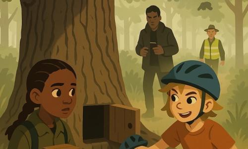 Meisje 12 jaar, geconcentreerd gezicht, grote ogen, bruin haar in strakke vlecht, kaki jas en rugzak, houdt een klein houten kistje tegen haar borst en kijkt naar de voet van een reusachtige eik; vriendin 12 jaar, guitige maar dappere uitdrukking, kort blond haar, scheef fietshelm, staat iets naar voren alsof ze twee jongens in de verte afleidt; jongen ~15 jaar, brutaal en hebzuchtig, donkere jas, telefoon in de hand, loopt tussen de bomen richting de meisjes; jongen ~16 jaar, achterdochtig, modderige laarzen, volgt de eerste, klaar om weg te rennen, beiden enkele meters achter, deels in de mist; volwassen boswachter, kalm en oplettend, fluorescerend vest, komt op een pad in de achtergrond en kijkt naar de scène; locatie: oude massieve eik met brede stam, ruwe bast en diepe groeven, kleine vierkante deur in de stam open naar een donkere holte, lichte mist, hoog gras en varens, zachte ochtendlicht tussen de takken; situatie: zachte spanningsmoment — de meisjes hebben net de holte geopend en houden een klein houten kistje, de jongens naderen in de mist en de boswachter verschijnt achteraan; centrale compositie, leesbare gezichten, warme aardetinten (groen, bruin, oker), zachte contrasten, heldere silhouetten en eenvoudige vormen, sfeer van avontuur en ontdekking zonder geweld.