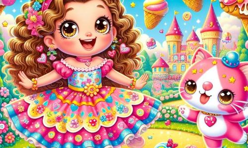Una ragazza di 9 anni, Nina, con lunghi capelli ricci e occhi scintillanti di curiosità, si trova al centro dell'immagine, con un grande sorriso sul volto mentre danza gioiosamente su un tappeto di panna montata. Indossa un vestito colorato decorato con motivi di fiori e gelati, e alza le braccia in aria, come se stesse celebrando una vittoria. Accanto a lei, Blufi, un gatto volante rosa con occhiali a forma di cuore e un cilindro, fluttua nell'aria ridendo con stelle negli occhi. È circondato da piccole bolle di gelato che fluttuano intorno a lui, aggiungendo un tocco di magia alla scena. Lo sfondo è un giardino incantato, pieno di fiori giganti che danzano al ritmo di una melodia gioiosa, mentre un grande castello di zucchero filato si erge sullo sfondo, con finestre di caramello che brillano sotto il sole. Nuvole a forma di animali colorati galleggiano in un cielo blu splendente. La situazione principale mostra Nina e Blufi mentre celebrano la loro vittoria dopo aver trovato la prima pallina di gelato magico, circondati da risate e colori vivaci, catturando lo spirito ludico e assurdo della loro avventura.