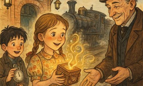 Una bambina di 8 anni, commossa e meravigliata, capelli castano chiaro intrecciati, vestito floreale vintage, stringe al petto un piccolo scrigno di legno decorato con orologi che emette una luce dorata; un capostazione di circa 50 anni, rugoso e sorridente, con lungo cappotto marrone e cilindro le porge una mano amichevole; un ragazzo di circa 8 anni, Giacomo, capelli neri scompigliati e giacca di lana, in piedi un po' indietro sul binario, mostra a Emma un piccolo orologio da tasca argentato; la scena si svolge in una vecchia stazione del 1875 con banchine in legno lucidato, binari brillanti, lanterne di ottone e vapore bianco di una locomotiva nera e rame; quadro principale: Emma sul binario con lo scrigno aperto che diffonde una luce dorata e volute di vapore, i personaggi raccolti intorno a lei, atmosfera magica e nostalgica, dettagli nei toni d'inchiostro e texture di legno, ottone e tessuti stropicciati.