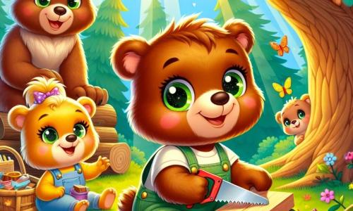 Un pequeño oso marrón llamado Bruno, con ojos brillantes y una sonrisa radiante, está serrando una tabla de madera bajo un gran roble. Lleva un pequeño delantal de tela y parece concentrado, con mejillas rosadas de emoción. A su lado, su hermana Lila, una osa de pelaje dorado y ojos brillantes, sonríe alegremente sosteniendo una caja de pintura colorida, lista para decorar su nueva casa en el árbol. Su padre, un oso robusto con pelaje marrón oscuro, los observa con orgullo, mientras que su madre, una osa dulce y cariñosa, prepara bocadillos sobre una manta de cuadros cercana. La escena tiene lugar en un hermoso bosque verde, donde los rayos del sol filtran a través de las hojas, creando patrones luminosos en el suelo. Flores coloridas salpican el suelo y los pájaros cantan alegremente en las ramas. Bruno y su familia están construyendo su casa en el árbol, rodeados de herramientas y materiales, compartiendo risas y amor en un ambiente veraniego alegre.