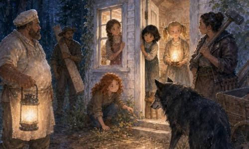 Hay ocho personajes: cuatro niñas de 10 años —Alma, castaña clara con trenza, seria, junto a la ventana con la mano en el marco mirando fuera; Brisa, pelo negro corto, alerta, subida a un taburete junto a la ventana observando la puerta; Lía, pelirroja y rizada, curiosa, agachada examinando hojas en el umbral; Nora, rubia con coletas, medio sonriendo y algo inquieta, atrás en la habitación sosteniendo una lámpara de aceite que proyecta luz cálida—; un lobo grande y oscuro de pelaje negro con reflejos grises, ojos almendrados color cobre, a mitad de camino entre la puerta y los árboles, con el hocico algo bajado y postura vacilante; un panadero adulto y robusto con delantal con harina y una gran linterna de cristal ahumado a la izquierda del camino; una herrera de fuerte complexión con chaqueta de cuero y martillo al hombro a la derecha del camino junto a una carreta; y un carpintero adulto con sombrero viejo llevando una larga tabla al hombro ligeramente detrás de los otros dos. Lugar: pequeña casa baja de madera pintada de blanco con tejado de tejas rojas, puerta maciza cerrada con mirilla y ventana de cuadricula que emite luz cálida, umbral de piedra y camino de tierra embarrado con huellas, detrás del lobo un bosque denso de troncos negros y agujas de pino bajo un cielo crepuscular índigo. Situación: escena nocturna tensa y en silencio: las cuatro niñas miran desde la ventana la figura vacilante del lobo junto a la puerta mientras tres vecinos forman un semicírculo vigilante alrededor de la casa con linternas y herramientas cuyas luces cálidas ahuyentan parcialmente la sombra del lobo.
