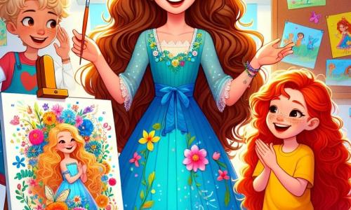 In the center of the image, an 8-year-old girl named Lily stands with a big smile on her face. She has long, shiny curly hair and is wearing a pretty blue dress adorned with colorful flowers. Her eyes sparkle with excitement as she proudly presents her artistic poster, filled with vibrant drawings of flowers and magical creatures. Next to her is another girl, Mia, also 8 years old, with bright red hair and freckles on her face. She enthusiastically claps, her eyes shining with joy, wearing a yellow t-shirt and denim shorts. In the background, Miss Brown, a woman in her thirties with glasses and curly hair, smiles warmly. She wears a colorful apron and holds a paintbrush in one hand, encouraging the children with a kind look. The scene takes place in a bright and welcoming classroom, decorated with children's drawings on the walls and colorful paper garlands hanging from the ceiling. Wooden tables are arranged in a semi-circle, with crayons, brushes, and paint scattered across the tables, creating an artistic and joyful atmosphere. The main situation shows Lily, full of confidence, sharing her love for art with her friends and teacher during a big art event at school, surrounded by applause and smiles.