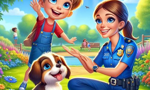 Agent Lotte is een glimlachende vrouwelijke politieagent, gekleed in een heldere blauwe uniform met een glanzende badge op haar borst. Ze heeft bruin haar dat in een paardenstaart is vastgebonden en sprankelende ogen van vreugde. Ze is gehurkt en steekt haar hand uit naar een kleine hond, Max, met een tevreden en vriendelijke uitdrukking op haar gezicht. Naast haar kijkt een klein jongetje van ongeveer 7 jaar met wild blond haar en blauwe ogen naar zijn hond met een enorme glimlach. Hij draagt een rood t-shirt en een spijkerbroekshort, en hij is ook gehurkt, klaar om zijn trouwe vriend te omhelzen. De scène speelt zich af in een zonnig park, vol kleurrijke bloemen en groene bomen. Je kunt vogels horen zingen in de takken en kinderen verderop op het gras zien spelen. In deze hoofdscène hebben agent Lotte en het jongetje net Max, de verloren hond, teruggevonden en delen ze een moment van vreugde en opluchting, omringd door de schoonheid van de natuur.