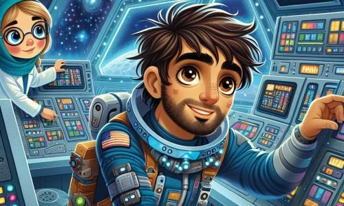 Max, een man van rond de dertig met rommelig bruin haar en nieuwsgierige ogen, is bezig een controlepaneel te repareren op het ruimtestation Nebula-7. Hij draagt een blauwe ruimtepak versierd met futuristische gadgets en heeft een vastberaden glimlach, wat zijn enthousiasme voor de uitdaging laat zien. Naast hem staat een jonge wetenschapper, een meisje van ongeveer 25 jaar met blond haar in een paardenstaart en ronde brillen. Ze observeert aandachtig de controle schermen, maakt aantekeningen in een klein notitieboekje en werpt bewonderende blikken naar Max. De achtergrond toont het ruimtestation Nebula-7 met glanzende metalen muren, knipperende lichten en ramen die een spectaculair uitzicht bieden op de uitgestrektheid van de ruimte, bezaaid met fonkelende sterren en kleurrijke nevels. De belangrijkste situatie toont Max die een technisch probleem oplost, omringd door kabels en gereedschap, terwijl nieuwsgierige kleine buitenaardse wezens met iriserende huid en tentakels de hoeken van het station verkennen, wat een vleugje magie en verwondering aan deze intergalactische scène toevoegt.