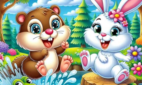Uma marmota alegre chamada Mily, com pelagem marrom e olhos brilhantes, salta em um lago cintilante, espirrando água ao seu redor com um grande sorriso no rosto. Ao lado dela, uma coelhinha branca chamada Lola, com grandes orelhas e um laço rosa na cabeça, ri alto enquanto segura uma flor colorida em suas patas. Um sapo verde vivo chamado Tito, com grandes olhos redondos e uma língua longa, está em uma pedra à beira do lago, pronto para saltar, com um ar divertido. A cena acontece em uma floresta encantada, cheia de árvores com folhas brilhantes e flores multicoloridas, sob um céu azul claro com nuvens fofas. Mily, em plena ação, faz um salto espetacular na água, criando um grande respingo, enquanto Lola e Tito a incentivam rindo.