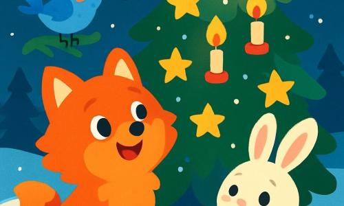 Un piccolo volpino di nome Rosso, con un pelage rosso brillante e occhi scintillanti di gioia, è seduto sotto un albero di Natale decorato. Sorride meravigliato, guardando le luci scintillanti. Accanto a lui, un piccolo uccellino blu canta allegramente, posato su un ramo. Un adorabile coniglietto bianco con grandi orecchie e occhi curiosi si trova vicino a Rosso, tenendo una piccola mela rossa tra le zampe. Il luogo è un tranquillo bosco innevato, con la neve che copre il suolo come un morbido tappeto bianco e fiocchi che cadono lentamente dal cielo stellato. La scena è illuminata da stelle brillanti, creando un'atmosfera magica. Rosso e i suoi amici decorano l'albero di Natale con stelle di carta e candele scintillanti, condividendo biscotti e risate nella dolce luce della notte.