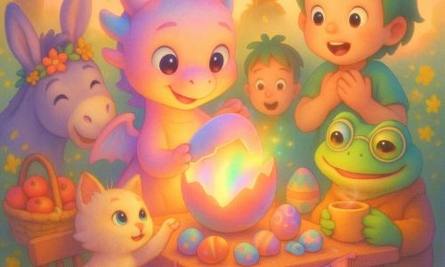 Un mic dragon numit Flori cu solzi ca confetti pastelate, ținând un ou mare deschis de pe care iese o lumină caldă multicoloră; lângă el, un copil curios cu păr verde, în picioare, cu mâinile la piept; măgarul Pufi cu coroniță de flori sprijinit de masă lângă un coș cu mere; pisicuța Emslina în șosete dantelate pe un scaun mic întinzând o lăbuță spre lumină; broscuța Zori cu ochelari ținând o băutură caldă; masa de târg colorată cu ouă vopsite, panglici și o pancartă „TÂRG DE PAȘTE”; fundal cu grădină primăvăratică, copac bătrân și cer roz-oranj; compoziție caldă, lumină difuză din ou, culori pastelate și atmosferă prietenoasă și magică.
