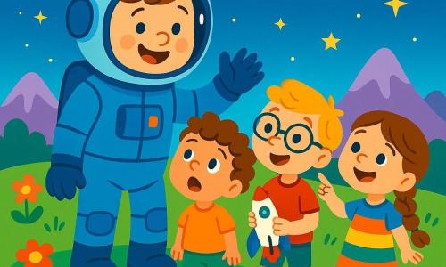 Ein lächelnder männlicher Astronaut mit einem glänzenden Helm und einem blauen Raumanzug steht auf dem grünen Boden eines neuen Planeten. Seine Augen strahlen vor Staunen und Freude. Er hebt die Hand, um Kinder zu begrüßen. Drei Kinder, zwei Jungen und ein Mädchen im Alter von 6 bis 8 Jahren, stehen neben ihm. Der erste Junge mit lockigem, braunem Haar schaut den Astronauten mit weit aufgerissenen Augen an, während der zweite Junge mit Brille und blonden Haaren ein kleines Raketenmodell hält. Das Mädchen mit einem Zopf und einem bunten Kleid lächelt und zeigt zum Himmel. Die Landschaft ist fantastisch: ein tiefblauer Himmel mit funkelnden Sternen, grüne Hügel und bunte Blumen, die im leichten Wind tanzen. In der Ferne sind majestätische Berge zu sehen. Der Astronaut erklärt begeistert seine Reise ins All, während die Kinder ihm aufmerksam lauschen, fasziniert von seinen Geschichten über Sterne und Planeten.