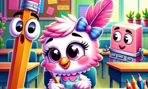 Penelope Pen, a pretty little pink pen with a shy smile, is sitting at her desk in a bright classroom, her eyes sparkling with determination but also sadness. She holds a pencil in her hand, looking at a hurtful message written on a piece of paper, its bright colors contrasting with the dark atmosphere of the situation. Next to her, Eraser, a round white eraser with a friendly face, looks worried, his eyes wide and his expression concerned, ready to support her. A bit further away, Ruler, a wooden ruler with a serious look, observes the scene with furrowed brows, as if pondering the best way to help. The classroom is filled with colorful school supplies, cheerful posters on the walls, and neatly arranged wooden desks, but the mood is tense. In the background, a few pencils whisper, their mocking faces revealing their meanness. The main situation shows Penelope, hurt by cruel words, but determined to change things. She lifts her head, ready to express her feelings and stand up for her friends, surrounded by her classmates, who are beginning to realize the importance of kindness.
