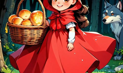 Little Red Riding Hood, an eight-year-old girl, wears a bright red cloak that floats around her like a cherry cloud. Her face is lit up by a determined smile, her eyes shining with curiosity and courage. She holds a wicker basket filled with golden bread and jars of honey, ready to help the forest inhabitants. Next to her, a silver-gray wolf with soft, sad eyes stands slightly back. He looks friendly and protective, his ears perked up, attentive to the sounds of the forest. The setting is in the heart of an enchanted forest, where tall, gnarled trees rise toward the sky, their green leaves sparkling in the sunlight. Colorful flowers blanket the ground, and a crystal-clear stream winds through the tree roots, adding a touch of magic to the environment. The main scene shows Little Red Riding Hood and the wolf picking up litter in the stream, united in their mission to save the forest. Their actions are full of determination and hope, symbolizing friendship and collaboration to protect their world.