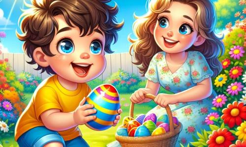 A 2-year-old boy named Sam, with messy brown hair and big sparkling eyes, joyfully smiles while holding a colorful egg in his small hands. He wears a bright yellow t-shirt and blue shorts, crouched in a sunny garden surrounded by vibrant flowers. Nearby, his mom, a woman in her 30s with long curly hair, wears a light floral-patterned dress and smiles tenderly at Sam while holding a basket filled with colorful Easter eggs. The garden is filled with red, blue, and yellow flowers, lush green trees in the background, and a clear blue sky dotted with fluffy white clouds. The main scene shows Sam eagerly hunting for Easter eggs, searching enthusiastically under the flowers and around the trees, discovering a shiny egg hidden among the colorful petals.