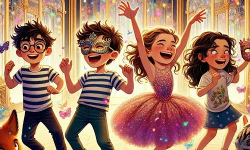 In an enchanted ballroom, four children stand together, amazed by the magic around them. Toby, a 10-year-old boy with messy brown hair and round glasses, joyfully dances at the center, wearing a colorful mask. To his right, Maya, a 9-year-old girl with long blonde hair, wears a sparkling pink dress and laughs with her arms raised, full of energy. On the left, Jake, a 10-year-old boy with black hair and a striped t-shirt, performs funny dance moves, sporting a lion mask. Finally, Lily, a 9-year-old girl with curly brown hair, stands slightly back, fascinated by a floating mask, her eyes shining with wonder. The ballroom is decorated with sparkling mirrors reflecting colorful lights, creating a fairy-tale atmosphere. Fantastical creatures, like dancing foxes and majestic birds, flutter around them, adding to the magic of the moment. The floor is covered in golden glitter that sparkles under the lights. The children dance together at a magical masked party, surrounded by enchanted creatures, discovering the joy and wonder of the carnival world.