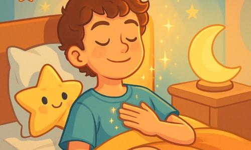 A 12-year-old boy with curly brown hair lies on a cozy bed, his face radiating serenity and calm. His eyes are closed, and a slight smile graces his lips as he breathes deeply, surrounded by a soft golden light. Next to him, a small star-shaped plush toy with bright eyes and a soothing smile seems to watch over him, adding a touch of magic to the scene. The room is decorated with pastel-colored walls, twinkling stars hanging from the ceiling, and a fluffy cloud-shaped rug inviting relaxation. A moon-shaped lamp emits a gentle light, creating a warm and comforting atmosphere. In this illustration, the boy is in a cocoon of light and peace, breathing slowly, while starlight patterns dance around him, symbolizing tranquility and the journey to sleep.