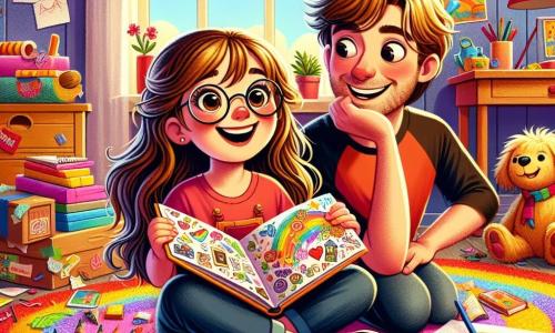 A 10-year-old girl with long brown hair and round glasses is sitting on a colorful rug in her messy room, surrounded by colorful papers and crayons. She has a bright smile and sparkling eyes, holding a handmade book decorated with drawings and collages. Next to her, her 4-year-old brother Timmy, with messy blonde hair and a red t-shirt, is happily drawing with colored pencils, looking at his sister with admiration. The room is filled with light, with cartoon posters on the walls, scattered toys, and an open window letting in a warm ray of sunshine. The main scene shows the girl proudly presenting her book to her father, who has just entered the room with his arms full of cakes. The father, a smiling man with a brown beard and a kitchen apron, looks surprised and delighted, his eyes shining with pride.