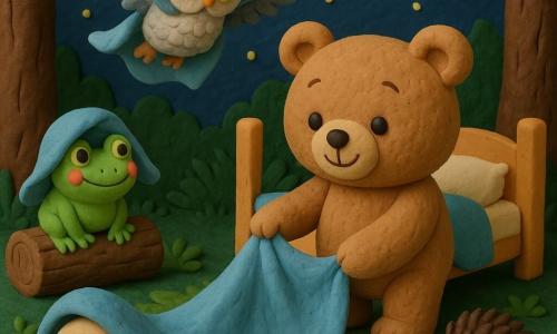 A round, soft light-brown teddy bear with shiny black eyes smiles peacefully as it pulls a blue blanket toward its small pastel-painted bed in a clay-model nighttime clearing; a tiny glossy green frog with rosy cheeks wears the blanket like a hat while winking on a log to the bear’s left, a small beige snail with a cream spiral shell peeks out from under the blanket-tent and inches ahead, a pearly-gray fluffy-eyed owl drapes the blanket over its outstretched wings as it hovers above, and a dark brown spiky yet cute hedgehog has wrapped the blanket as a cape and rolls it toward the bear near a pile of leaves; textured dark-green grass, sculpted brown tree trunks, a deep-blue sky with a soft yellow moon and dotted stars complete the warm, calm, playful scene focused on the blanket passing from character to character until the bear finally receives it.