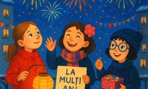Trei fete pe un balcon într-o seară de iarnă: Maria, ~10 ani, coadă scurtă și palton roșu, stânga, ține un lampion galben și privește artificiile; Sofia, ~9 ani, centrul, cu floare roz în păr și eșarfă în dungi, zâmbește și agită un carton pe care scrie „La mulți ani”; Ana, ~10 ani, dreapta, păr scurt și ochelari rotunzi albaștri, poartă căciulă și oferă un bilet dintr-o cutie colorată; balustradă de fier forjat cu zăpadă, lumini calde din apartament, ghirlande și lampioane suspendate, vecini la ferestre și balcoane opuse; fetele schimbă urări de Anul Nou în mai multe limbi, lampioane aprinse, confetti colorate și un mare foc de artificii peste oraș.