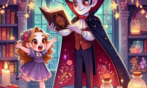 In the center of the image, Victor, the vampire, is depicted as a friendly character with pale skin and black hair, wearing a flowing cape that sparkles like the starry night. His expression is gentle and welcoming, with a slight smile, as he holds an ancient open book in front of him, ready to tell a magical story. Beside him, Lily, a young girl of about 10, has large bright eyes and golden curly hair. She is jumping with joy, holding a small bag filled with magical treasures, with a look of wonder on her face. The setting is Victor's warm and inviting home, filled with colorful books, sparkling potions, and soft lights dancing around them, creating a fairy-tale atmosphere. The main scene shows Victor sharing a captivating story with Lily, who listens intently, eager to discover the secrets of the magical forest. Glimmers of light and twinkling stars float around them, adding a touch of magic to this enchanted scene.