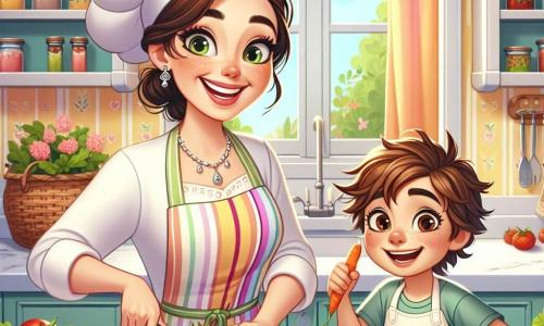 A Chef Ana, uma mulher sorridente de cerca de trinta anos, usa um grande chapéu de chef e um elegante avental colorido. Seus olhos brilham de alegria enquanto ela corta tomates suculentos em uma tábua de madeira, cercada por legumes frescos. Ao seu lado, Lucas, um garoto de sete anos com cabelos castanhos bagunçados e um grande sorriso, segura uma cenoura em uma mão e uma faca de plástico na outra, pronto para aprender. A cena acontece em uma cozinha iluminada e acolhedora, com paredes pintadas de amarelo pastel, prateleiras cheias de potes de especiarias coloridos e janelas que deixam entrar a luz do sol, iluminando a bancada de mármore. Nesta ilustração, Chef Ana e Lucas estão preparando juntos uma salada mágica, cheia de cores vivas e texturas apetitosas, enquanto risadas e alegria se espalham pelo ar, simbolizando sua cumplicidade e paixão pela culinária.