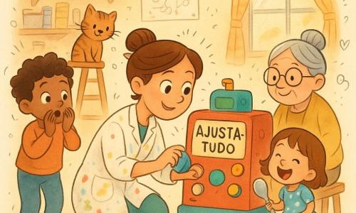 Uma inventora sorridente, calma e curiosa, cabelos castanhos presos com um lápis, bata manchada de tinta, ajoelhada diante de uma máquina colorida chamada 
