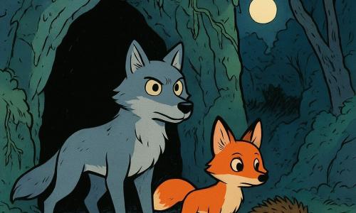 Un giovane lupo di nome Bruma, dal manto grigio argentato e dagli occhi brillanti di determinazione, si trova all'ingresso di una gola oscura e misteriosa. Al suo fianco, una piccola volpe di nome Lira, dal manto rosso brillante e dagli occhi vivaci, osserva attentamente l'oscurità, con le orecchie puntate in avanti. Un riccio coraggioso, Nocciolo, con i suoi aculei ritti e gli occhi curiosi, è accanto a Bruma, pronto ad avanzare. La gola è circondata da pareti rocciose coperte di muschio e liane, bagnata da una luce lunare che crea ombre danzanti. La situazione principale mostra Bruma e i suoi amici pronti a penetrare nella gola, il loro coraggio illumina la scena nonostante l'atmosfera inquietante.