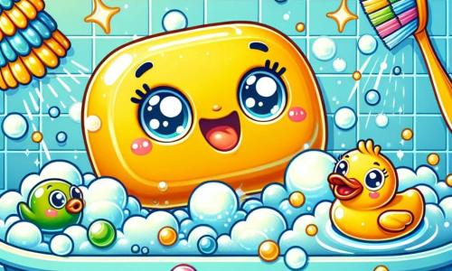 An illustration depicts a cheerful little yellow soap with sparkling eyes and a big smile, sliding enthusiastically along the edge of a bubble-filled bathtub, surrounded by sparkling bubbles. Next to it, an orange rubber duck with a smiling beak and round eyes happily swims in the water, letting out a joyful "quack." A little further away, a colorful toothbrush with multicolored bristles and a smiling face floats, admiring the soap. The main setting is a bright bathroom with light blue tiled walls and scattered bath toys, creating a joyful and playful atmosphere. The scene shows the soap sliding joyfully towards the edge of the bathtub, ready to dive, while its friends cheer with smiles and laughter, capturing the spirit of a fun bath day with splashes of water and floating bubbles adding movement and life to the illustration.