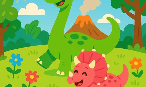 A diplodocus named Dino, with bright green skin and a long neck, joyfully stands in a sunny clearing, his big eyes shining with happiness. Next to him, a small triceratops named Tia, with pink scales and three horns on her forehead, smiles while playing in the green grass. The clearing is surrounded by tall trees with lush leaves and colorful flowers dancing in the wind. In the distance, a volcano is gently smoking, adding a touch of adventure to the scene. Dino and Tia are having fun together, running and laughing, ready to face any challenges that come their way.