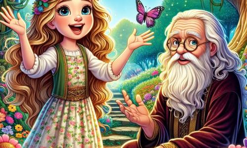 Una niña de 10 años, con cabello dorado y ondulado, se encuentra en el centro de un jardín secreto, con ojos brillantes de asombro y curiosidad. Lleva un vestido ligero con motivos florales y su rostro expresa una alegría contagiosa. A su lado, un viejo sabio con una larga barba blanca y gafas redondas, vestido con una túnica de terciopelo, sonríe con benevolencia, sentado sobre una piedra cubierta de musgo. El jardín está lleno de flores vibrantes de todos los colores, con mariposas revoloteando a su alrededor, y un gran roble majestuoso se alza al fondo, con sus ramas extendidas como brazos acogedores. La escena principal muestra a la niña haciendo una pregunta al sabio, con las manos levantadas con entusiasmo, mientras el sabio, con aire pensativo, parece listo para compartir su sabiduría.