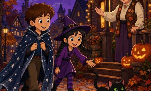 Eight-year-old Felix, smiling with short chestnut hair and bright brown eyes, wears a midnight-blue cape sprinkled with silver stars and holds it around his shoulders as he watches a small black female cat with bright green eyes trot ahead; to his right walks Mia, also about eight, joyful with black braided hair and a small purple witch hat, laughing and reaching toward the cat; Miss Hazel, a kindly sixty-five-year-old with gray hair in a bun and an autumn-patterned cardigan, stands on the porch of a small wooden house lit by glowing pumpkins and gestures welcome; the children follow the cat along a cobblestone neighborhood street at dusk with swirling orange and red leaves, old wooden houses decorated with carved pumpkins and string lights, a round moon in a purple sky, creating a warm, magical Halloween scene in orange, purple and midnight-blue tones with soft pumpkin light and a silver glow on the cape.