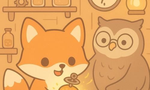 Fenn, a small red fox with soft fur and curious eyes, holds a shiny acorn Pocket Time-Compass with a floating metal needle labeled CHOOSE A MOMENT; Professor Pinecone, an old gray-brown owl wearing round glasses, smiles and rests a reassuring wing on the workbench behind him in a warm wooden workshop lined with shelves of polished brass gears, jars of glittering sand, clocks with exaggerated hands and an amber glass lamp; the scene captures the instant before Fenn activates the acorn, with golden sparks, translucent temporal ripples around it and glowing, rippling clock hands, creating a soft, magical, curious atmosphere.