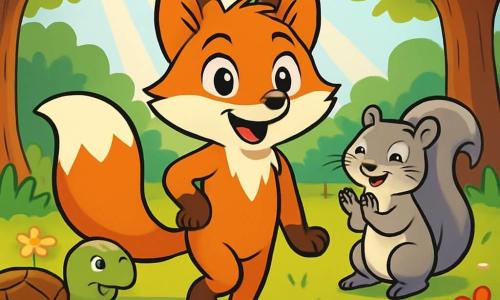 A small fox with vibrant fur, sparkling curious eyes, and a radiant smile stands in the center of a sunny clearing surrounded by colorful wildflowers. It has a slightly twisted paw, but its expression is full of determination and joy. To its right, a gray squirrel with a bushy tail and bright encouraging eyes enthusiastically claps in support. To its left, a wise turtle with a shell adorned with natural patterns smiles benevolently, observing the scene with pride. The clearing is bordered by majestic trees with bright green leaves, and a gentle ray of sunlight filters through the branches, creating a warm and welcoming atmosphere. The small fox is sharing its story with a group of animals gathered around, all captivated by its words, illustrating the strength of friendship and the beauty of differences.
