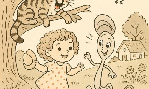 Bambina di 2 anni sorridente ed emozionata, capelli ricci come lana, corre a piedi nudi con un vestitino a pois mentre tiene un piccolo cappellino che vola; un cucchiaio magico antropomorfo, lucente, salta e gira in aria come un ballerino con occhi maliziosi, vicino a lei come a proteggerla; il gatto Arturo, maschio tigrato e grande, sbadiglia su un grosso ramo sopra di loro con la zampa tesa verso il cucchiaio; il pettirosso Rosso, maschio, piccolo e vivace, vola battendo le ali sopra la scena cantando; ambientazione in un giardino di paese con un grande albero nodoso, un vecchio cesto di mele ribaltato, fiori selvatici e una casetta sullo sfondo; scena principale: bambina e cucchiaio che danzano al sole mentre il cappello ritorna sulla testa, il gatto curioso sul ramo e l'uccello che osserva dal cielo; stile: line art a inchiostro fine, tratti morbidi, contorni puliti, espressioni chiare e composizione ariosa e gioiosa.