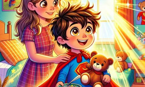 Un niño de 6 años, con cabello castaño desordenado y ojos brillantes de curiosidad, lleva una capa roja y sostiene un oso de peluche llamado Tato. Tiene una sonrisa decidida en el rostro, listo para la aventura. A su lado, su mamá, una mujer dulce de unos 30 años, con cabello largo y rubio, le da un cálido abrazo, mostrando su apoyo y amor. La escena se desarrolla en la habitación de Nico, llena de juguetes coloridos, pósters de superhéroes en las paredes y una luz dorada que filtra a través de la ventana. En el escritorio, un tazón de cereales y un vaso de leche esperan ser comidos. Nico, con Tato a su lado, se prepara para partir en busca de un remedio mágico en un mundo imaginario, lleno de rayos de sol que parecen formar caminos luminosos.