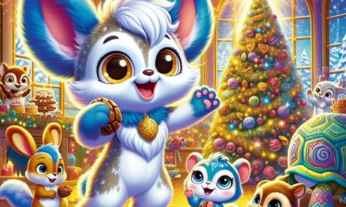 Pipo, un gatomante de pelaje azul brillante y ojos dorados, está en el centro de la escena, radiante de alegría con una gran sonrisa, levantando una pata para saludar a sus amigos. A su lado, Nube, una pequeña ardillona de ojos chispeantes y pelaje marrón, sostiene una nuez en sus patas, mirando a Pipo con admiración. Chispa, un rápido conejito de grandes orejas blancas, salta alegremente, sus ojos brillando de emoción. Luma, una sabia tortuga con un caparazón decorado con patrones coloridos, sonríe serenamente, sentada sobre una roca, observando la escena con benevolencia. El decorado es la Casa de la Navidad, un lugar cálido y acogedor, lleno de luces centelleantes, guirnaldas coloridas y un gran árbol decorado en el centro, donde la famosa estrella dorada brilla intensamente. La habitación está llena de pequeños animales festivos que preparan pasteles y cantan villancicos, creando una atmósfera alegre y mágica. La situación principal muestra a Pipo y sus amigos cantando juntos, unidos por el espíritu navideño, mientras la luz de la estrella ilumina sus rostros, llenos de asombro y felicidad.
