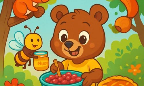 Un piccolo orso bruno, di nome Bruno, con grandi occhi scintillanti e un sorriso radioso, sta preparando una bella torta di bacche su un tavolo di legno rustico. È gioioso e concentrato, mescolando bacche rosse brillanti e miele dorato in una grande ciotola. Accanto a lui, un'ape sorridente, con strisce gialle e nere, vola intorno a lui, portando un barattolo di miele. Sembra entusiasta e aiuta con diligenza. Uno scoiattolo dai peli rossi, appollaiato su un ramo proprio sopra, guarda con curiosità, tenendo una noce tra le piccole zampe, pronto ad aggiungere un ingrediente croccante alla ricetta. Il decor è un incantevole boschetto verde, pieno di alberi con foglie brillanti e fiori colorati che danzano nella leggera brezza. Raggi di sole filtrano tra i rami, illuminando la scena con una dolce luce dorata. Bruno e i suoi amici sono in piena effervescenza, creando insieme un regalo speciale per la festa della mamma, pieni di eccitazione e amicizia.