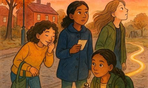 Four girls—Amina (about 12, light brown skin, black hair in a ponytail, navy coat, holding a small paper list) at the center looking at the pendant's glow; Zara (about 11, olive skin, curly brown hair, mustard sweater) to Amina's left sniffing her sleeve and smiling; Noor (about 12, fair skin, long straight wind-blown hair, khaki jacket) slightly behind to the right looking at the peachy-pink sky; and Layla (about 10, coppery skin, braided hair, green backpack) crouched near the sidewalk holding a small glass pendant-lantern that emits a warm light—stand on a brick-house residential street at sunset with old streetlamps, autumn trees and a distant playground, each carrying iftar bags and following a thin golden ribbon of light streaming from the lantern that winds along the ground like a glittering path guiding them toward their neighbors.