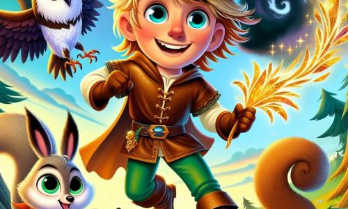 In the center of the image, a young boy named Leo, about 12 years old, stands bravely with long golden hair and bright blue eyes. He wears a brown leather tunic, green pants, and sturdy boots. His face shows joyful determination as he holds a sparkling golden feather in one hand and a shining jewel in the other, ready to confront a threatening dark cloud above him. To his right, a small squirrel named Nutty, with brown fur and bright eyes, jumps with excitement. He wears a small red scarf and seems to encourage Leo with a big smile. On the left, a wise owl with white feathers and round eyes perches on a branch, attentively watching the scene, ready to give advice. The setting is a bright kingdom with green hills and colorful flowers blooming under a blue sky. However, above Leo, a menacing black cloud looms, creating a striking contrast with the surrounding beauty. The main situation shows Leo, determined and brave, ready to chase away the dark cloud threatening his kingdom, surrounded by his friends who encourage him in this heroic adventure.