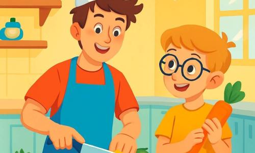 A young chef, Leo, a man in his twenties with messy brown hair and a warm smile, stands in front of a large wooden countertop. He wears a bright blue apron and holds a chef's knife, looking focused and happy, ready to chop colorful vegetables. Beside him, Max, a 12-year-old boy with glasses and blonde hair, watches in admiration, holding a fresh carrot. Their kitchen is spacious and bright, with pastel yellow walls and shelves filled with colorful spice jars. Fresh vegetables like red tomatoes, green zucchinis, and orange carrots are spread out on the counter, while a large pot of soup simmers on the stove, releasing a fragrant steam. The scene captures Leo preparing a delicious meal, surrounded by the aroma of fresh ingredients, with vibrant colors and a joyful atmosphere, illustrating the pleasure of cooking together.