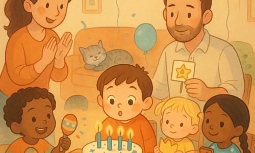 Un niño de 4 años, feliz y asombrado, cabello castaño corto y mejillas sonrosadas, sopla velas azules sobre un pastel redondo con glaseado blanco y estrellas; detrás, la madre de treinta años de pie a la izquierda aplaude con ternura, el padre de treinta a la derecha, con barba ligera y camisa clara, sostiene un pequeño cartel decorado con estrellas y mira al niño con orgullo; junto a la mesa, una hermana de 2 años con coletas rubias sostiene una corona de papel, la amiga Sofía, de 4 años, con vestido de lunares y trenza negra, tiene una cajita musical, y el amigo Tomás, de 4 años, con rizos y camiseta colorida, sacude maracas improvisadas; en el sofá detrás, un gato atigrado gris ronronea cubierto de confeti; ambiente de salón cálido con guirnaldas verdes y azules, globos flotantes, mesa de madera con mantel a rayas, vajilla colorida y cesta de frutas, momento exacto del soplo de velas, caras dirigidas al niño, luz suave, expresión de ternura y paleta pastel.